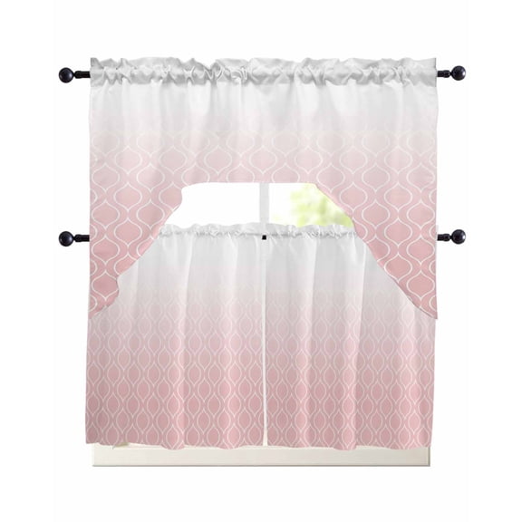 Moroccan Pink Kitchen Curtains Sets 36 Inch Length with Valance, Abstract Geometric Gradient Modern Swag Valances and Tiers Curtain Set Drapes Swag Curtains for Living Room, Bathroom, Bedroom, Cafe