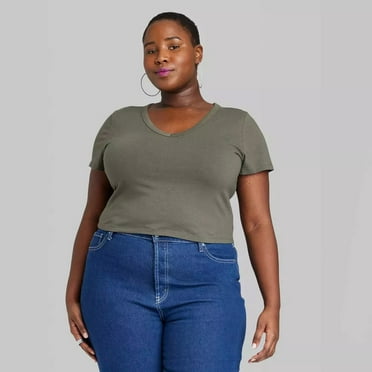 Wild Fable Women's Olive Green Short Sleeve V-Neck Cropped T-Shirt 3X
