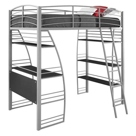 Dorel DHP Studio Twin Metal Loft Bed with Desk and Shelves, Silver