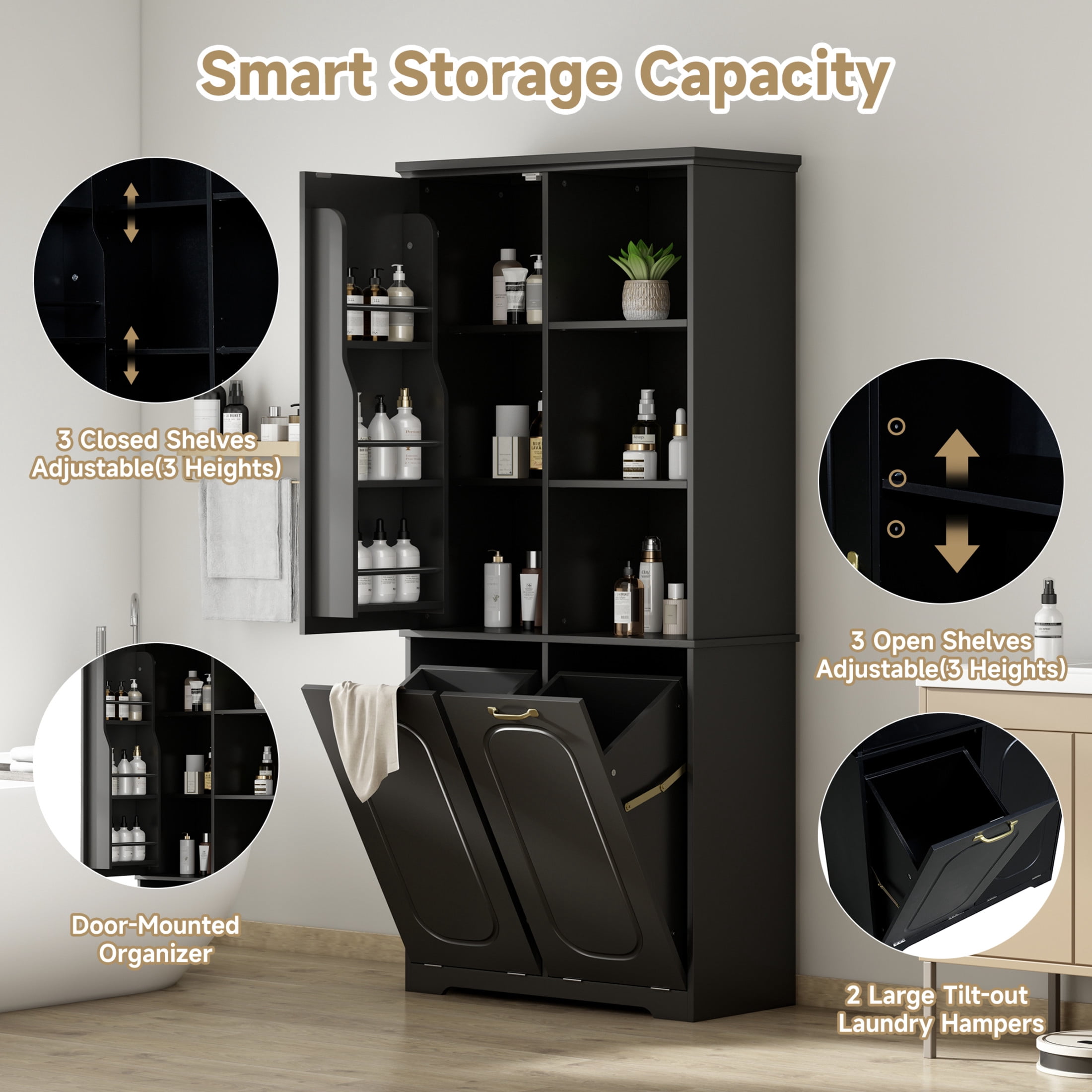 Christopher Knight Home 68" Tall Storage Cabinet with Tilt-Out Hampers, Adjustable Shelves, Black