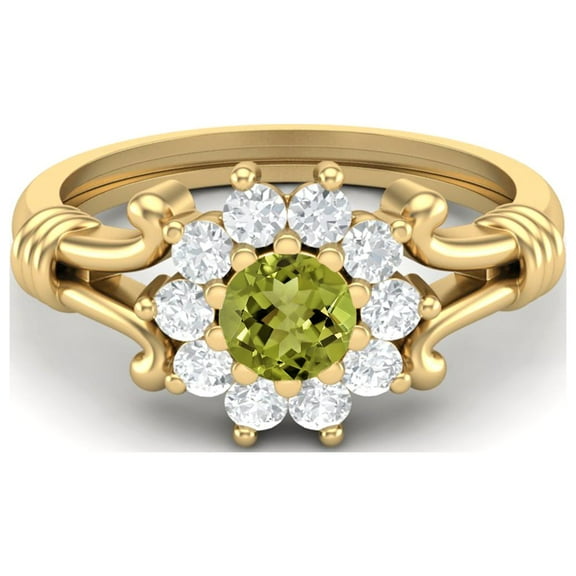 4.5MM Round Peridot 925 Silver Yellow Plated Cluster Women Valentines Day Gifts Ring