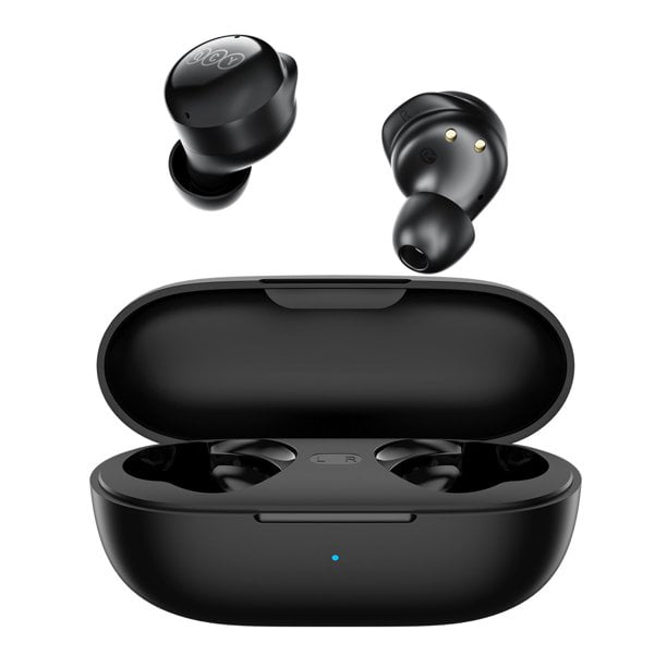 audifonos inalambricos qcy t17 auriculares bluetooth 5.1 con modo de juego hd stereo sound, micrófon, negro qcy auricular inalámbrico-t17 Estuche de carga negro abierto en vista frontal con un par de auriculares T17 negros encima; auriculares compactos con puntas de silicón y contactos dorados de carga, superficie táctil visible, LED frontal y puerto USB‑C, auricular de 3.8 g, Bluetooth 5.1, códecs AAC/SBC y control táctil con modo de baja latencia (activar con triple toque). También adecuados como audífonos de respaldo para viaje.