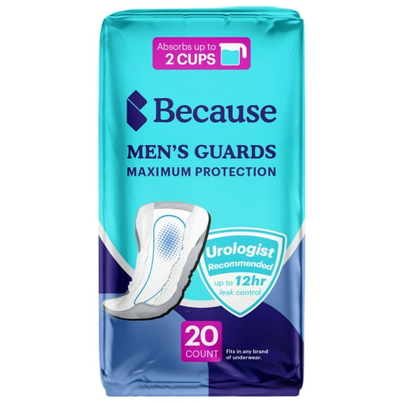Because Premium Guards for Men - 20 Count Pack of Discreet, Individually Wrapped Bladder Protectors - Complete Absorbency, Fast-Locking, Odor Control - Comfort Fit, 2 Cups of Absorbency