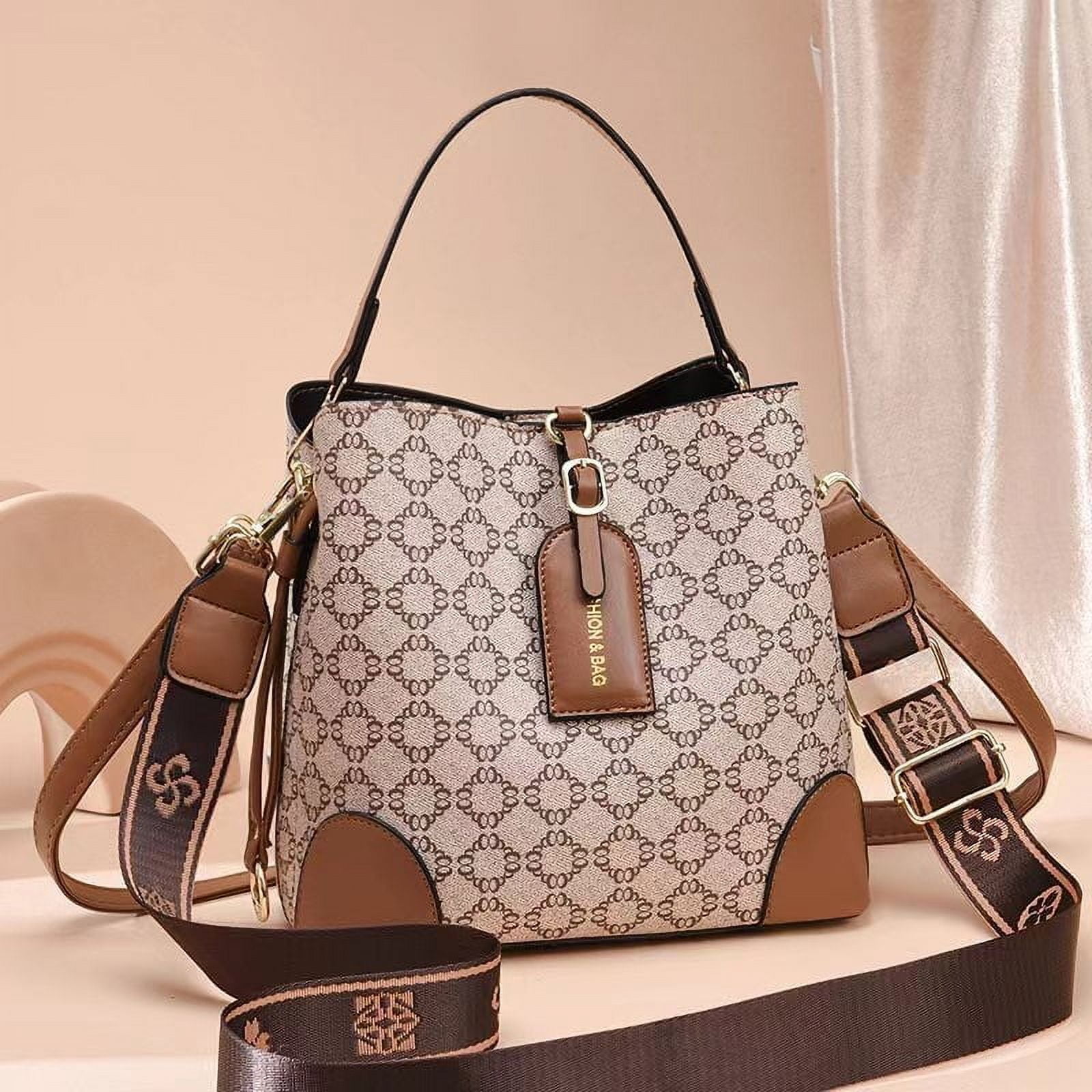 PORT&LOTUS Small Compact Leather Crossbody Bag for Women Classic Floral Bucket Bag for Women with Shoulder Strap Women's Top-handle Handbags with Adjustable Shoulder Strap