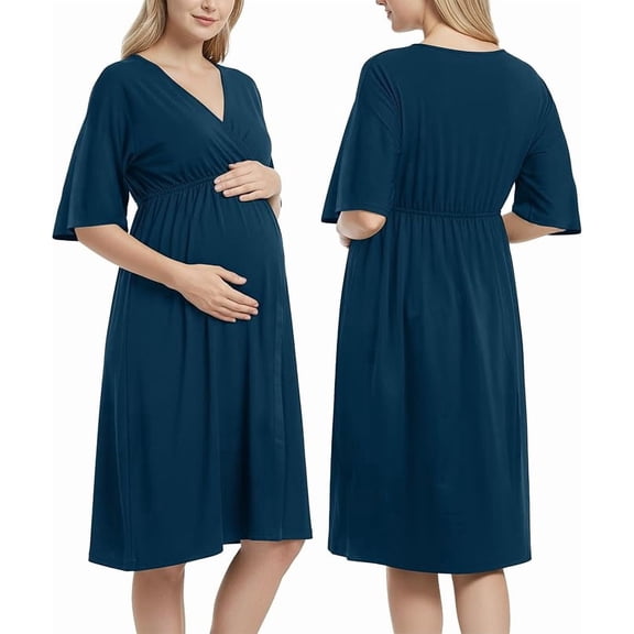 NY Threads Labor and Delivery Gown, 3 in 1 Maternity Dress for Women, Hospital Gown for Post Partum, Nursing Nightgown for Breastfeeding, Medium, Navy Blue