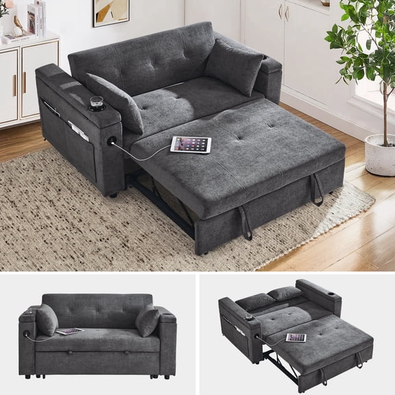 FFH 3 in 1 Convertible Pull Out Sofa Bed with Storage, Loveseat Sleeper Sofa for living Room with 3-Level Adjustable Backrest, USB Ports, Side Pockets, and Cup Holders, Gray