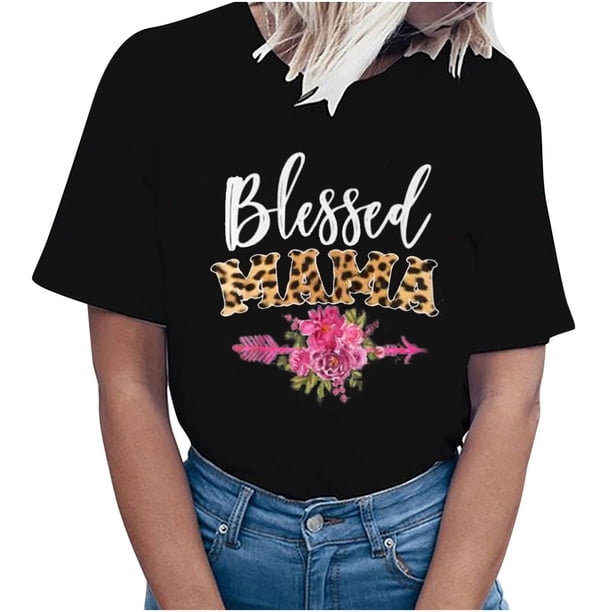 Blessed Mama Shirt – Women’s Letter Print Mom Life T-Shirt – Short Sleeve Casual Top For Mothers