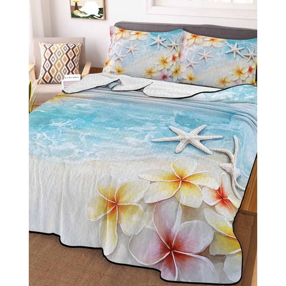 Summer Coastal King Size Down Alternative Comforter, Lightweight Comforter Quilt Bedding Set with Pillow Shams Ocean Beach Starfish Botanical Flowers All Seasons Bed Comforter Duvet Insert 96"x106"