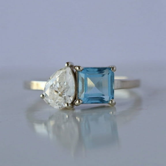 Toi Et Moi Ring, Princess Aquamarine & Pear Diamond Ring, Two Gemstone Ring, Stackable Ring, Women Ring