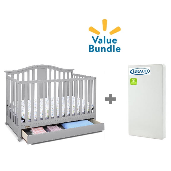 Graco Solano 5-in-1 Convertible Baby Crib with Drawer in Pebble Gray & Premium Foam Crib Mattress