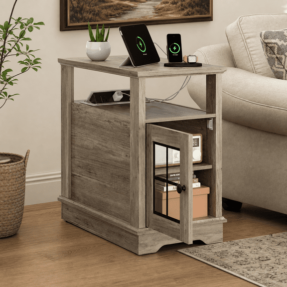 GALAXHERO Farmhouse End Table with Charging Station Narrow Side Table for Living Room Night Stand with Storage, Nightstand with USB Ports and Outlets for Bedroom Greige