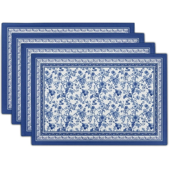 Blue Floral Branches Placemats Set of 4 ,12 x 18 Inch Chinoiserie Table Mats Washable Heat Resistant Linen Fabric Rectangle Place Mat for Indoor Outdoor Kitchen Dining Home Decor