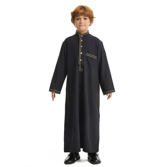 GDREDA Boys Coat & Jacket Arabic Thobe Long Sleeve Kaftan Crew Robe National for Teenage Boys Embroidered Robe Set Arab Children's Wear