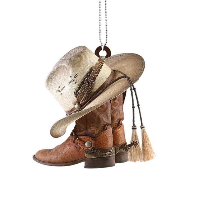 Adorno de vaquero, regalos de vaquero, botas de vaquero y sombrero, adornos para coche, regalos personalizados para colgar en el árbol de Navidad