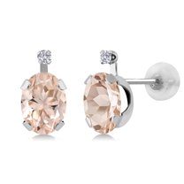 Gem Stone King 1.31 Ct Oval Peach Morganite G/H Lab Grown Diamond 14K White Gold Earrings