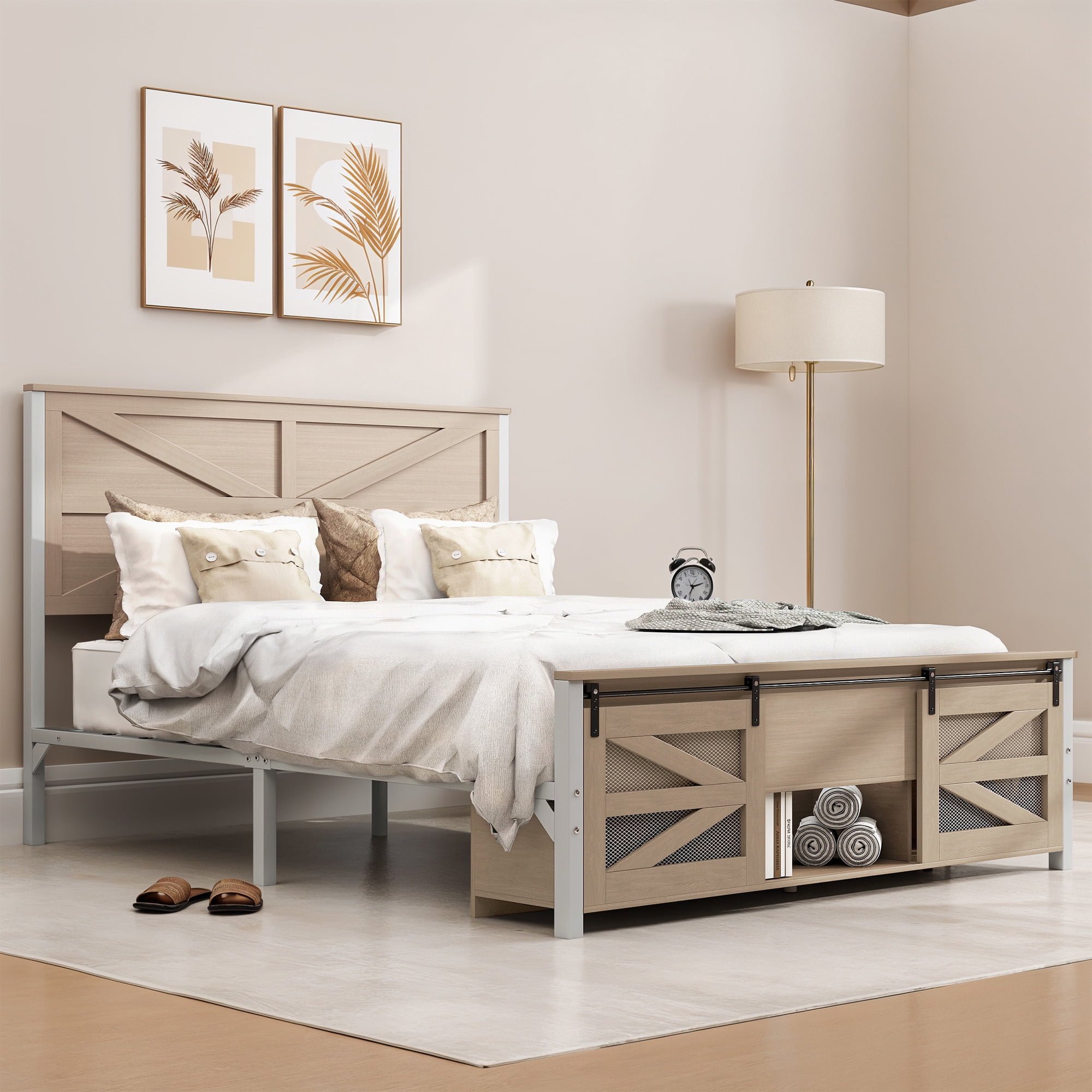 Uforic Bed End Barn Door Queen Size Bed Frame with Headboar Storage, Steel Mesh Door & Sturdy Construction, Oak