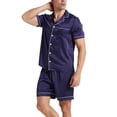 thumbnail image 3 of LANBAOSI Mens Satin Silk Pajama Set Short Sleeve Sleepwear Summer 2 Piece Loungewear (Navy Blue,L), 3 of 8