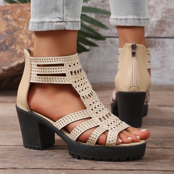 PiGOGI Women Solid Color Rhinestone Open Toe Back Zipper High Heeled Sandals Thick Heel Summer Gold