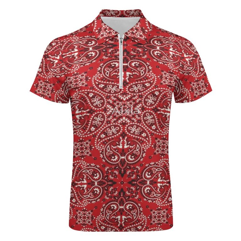 Bandana Style Print Men Zipper T-shirt Summer Casual Short Sleeve