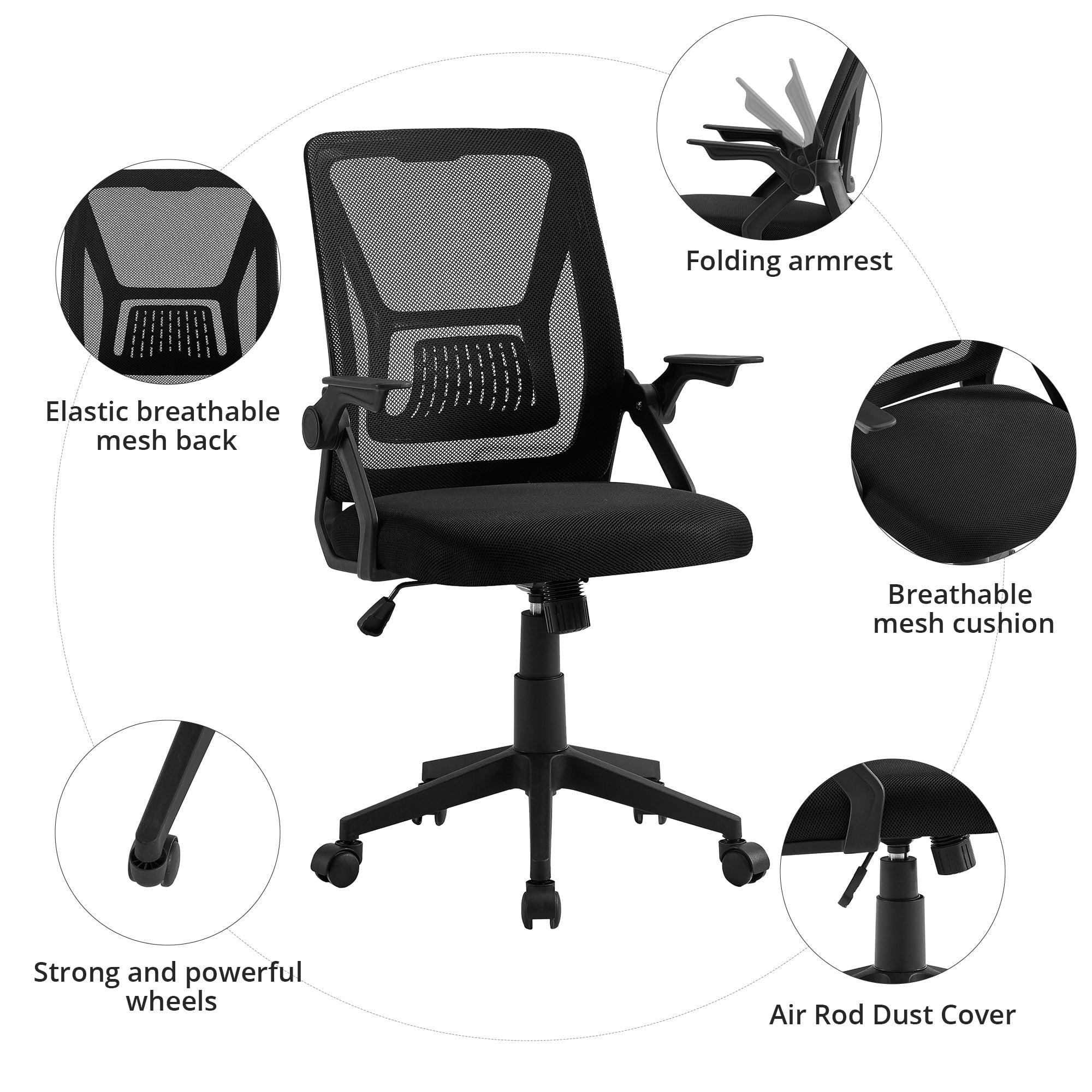 VECELO Mid-Back Swivel Adjustable Ergonomic Office Chair, Mesh Lumbar Support and Adjustable Arms Task Chair for Computer, Black