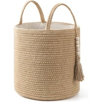 NANAHuang Woven Storage Basket Decorative Natural Rope Basket Wooden Bead Decoration for Blankets,Toys,Clothes,Shoes,Plant Organizer Bin with Handles Living Room Home Decor, Jute, 16" W × 13.8"L