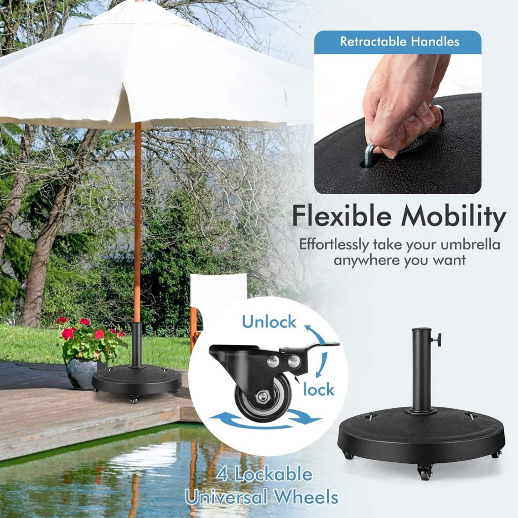 WJSP 51 lbs Patio Umbrella Base with Wheels, 20.5 Inches Heavy Duty Round Outdoor Umbrella Stand for 10 ft Table Market Offset Umbrella, Fit Umbrella Pole 1.5-1.9 inches, Weighted Umbrella Base