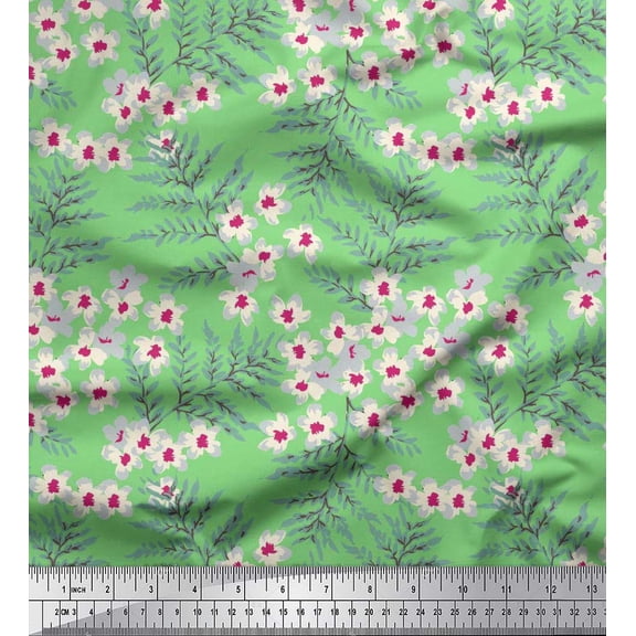 Soimoi Silk Fabric Leaves & White Flower Floral Printed Fabric 1 Yard 42 Inch Wide