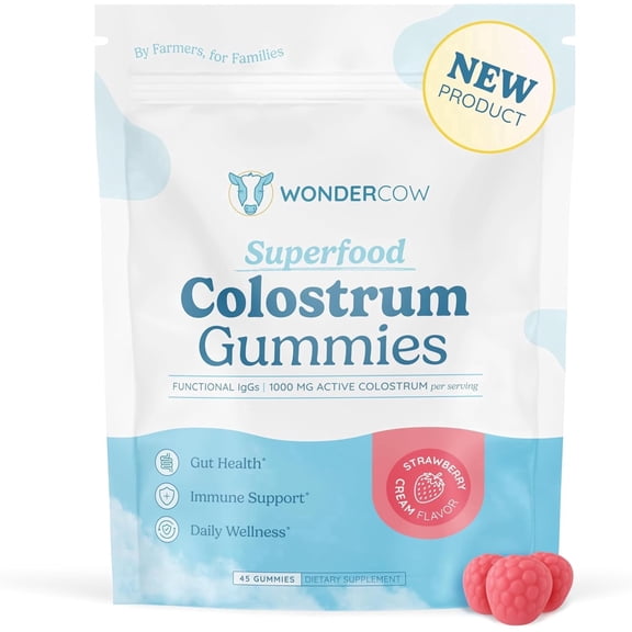 WONDERCOW Colostrum Gummies, Whole Bovine Colostrum Supplement, 1000mg per Serving, 45 Gummies, 15 Servings, Strawberry Cream