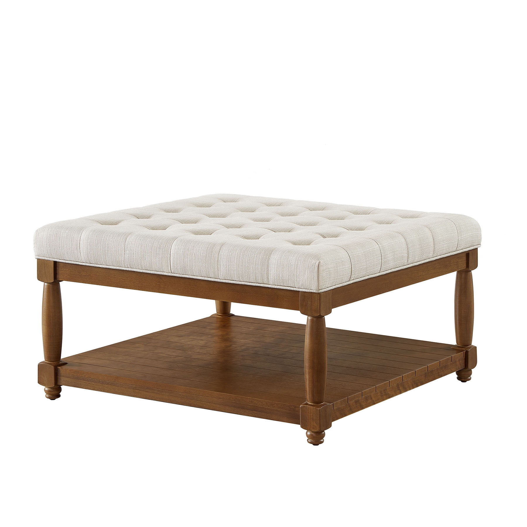 S-HOME Large Square Upholstered Tufted Linen Ottoman, Spacious Coffee Table with Solid Wood Shelf