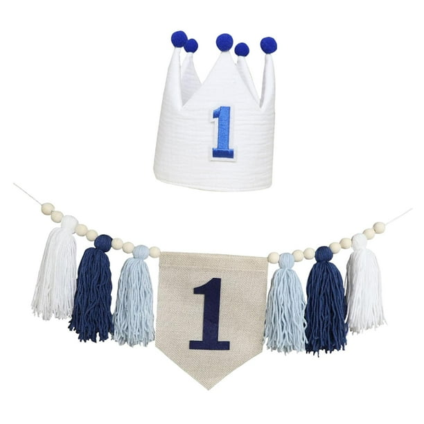 Banner para trona de primer cumpleaños, guirnalda de borlas para bebé, cuerda de 200 cm, primer cumpleaños azul