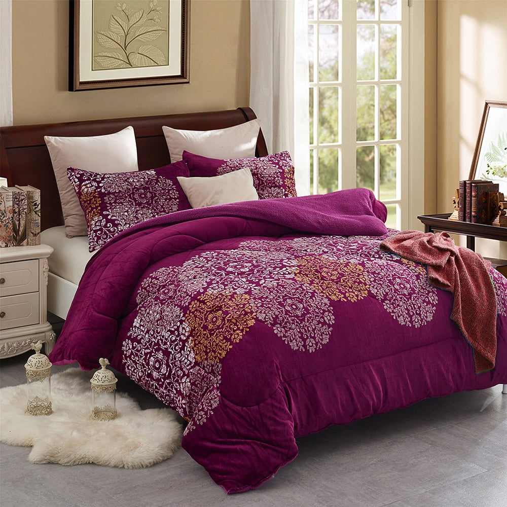 Heavy Sherpa Fleece Bed Blanket and Pillowcase Set, Queen Purple