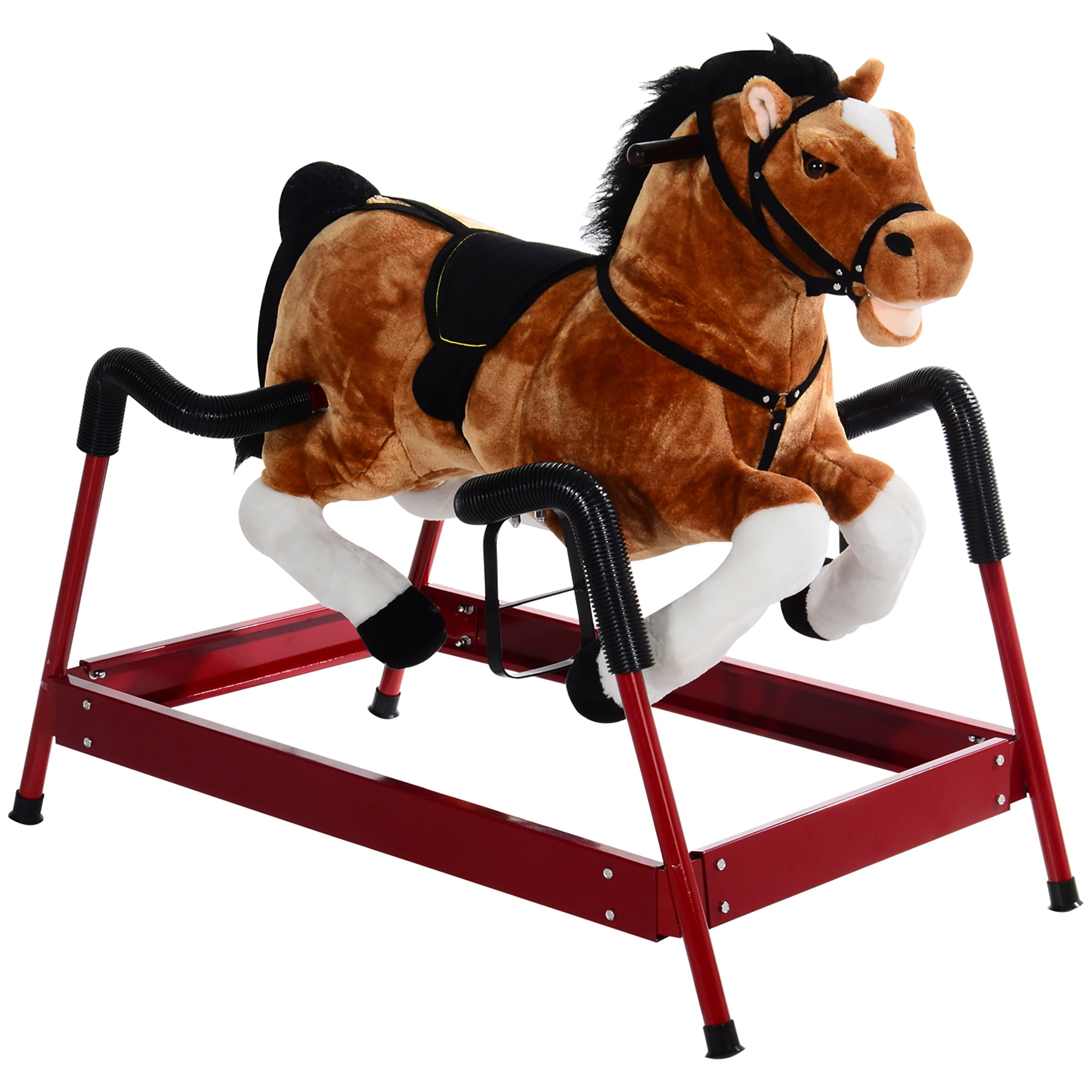 Qaba Plush Spring Horse Rocker - Bouncing Ride On Toy with Sounds & Stable Metal Frame - Brown, for Ages 3+ (16.34" L)