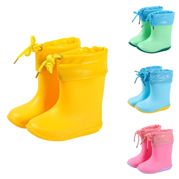 Mid Calf Rain Boots for Kids Drawstring Windproof Cuff Boots Outdoor Playing Camping Garden Footwear