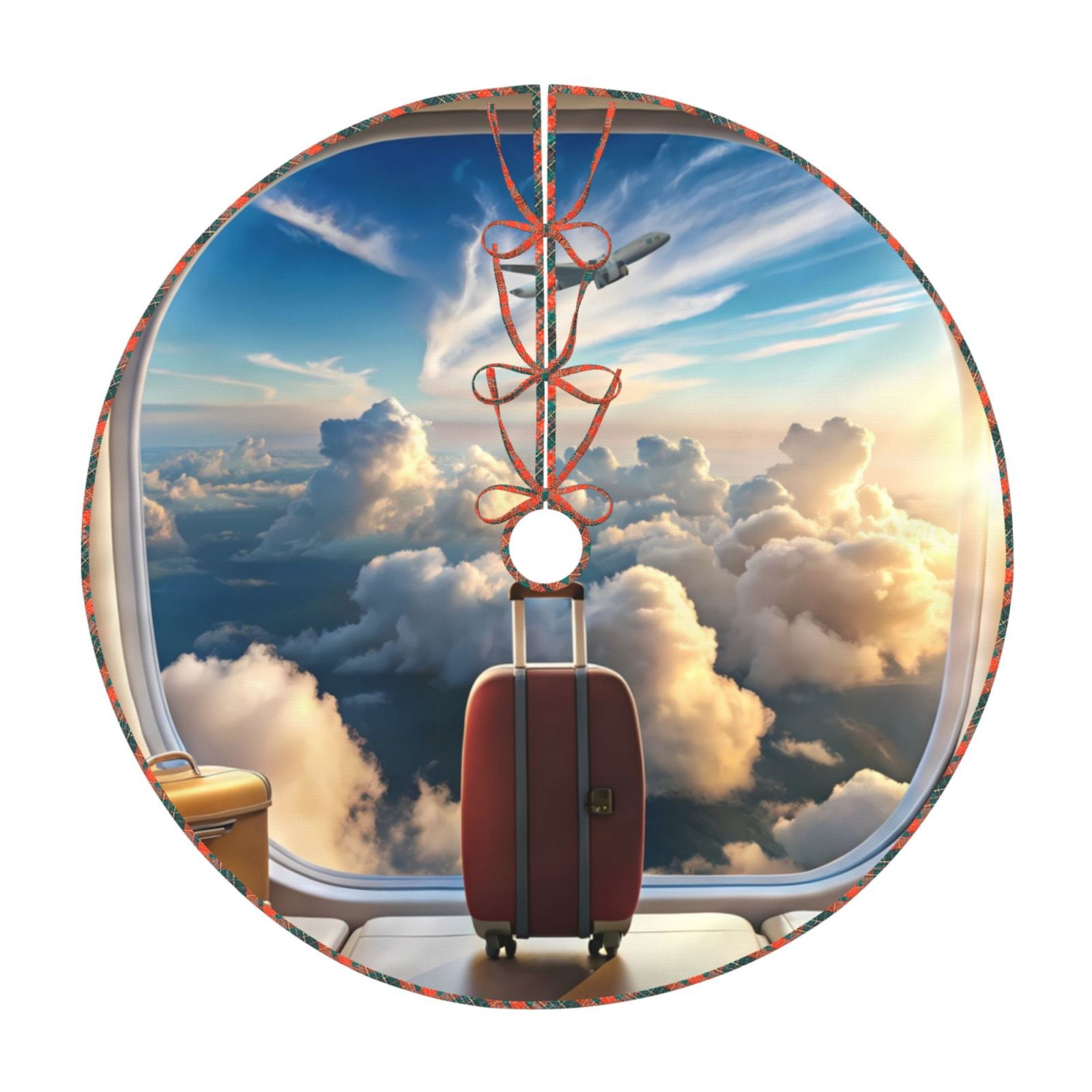 Fotbe Jupe de Sapin de Noël Motif Vue Avion Coucher de Soleil, Jupes de Sapin en Peluche Décorations de Noël, Jupes de Sapin de Noël Décorations de Fête de Vacances-48 Pouces