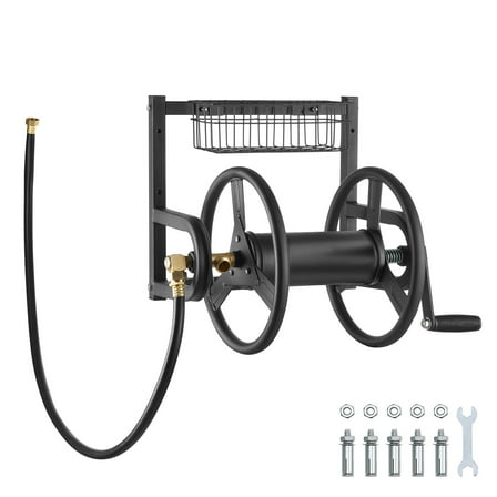 KFFKFF Wall-Mounted Garden Hose Reel, Fits 125 ft 5/8-inch Hose, Durable Water Hose Organizer, Compact Design, Outdoor Manual Reel with Brass Connector and Storage Basket for Lawn and Garden