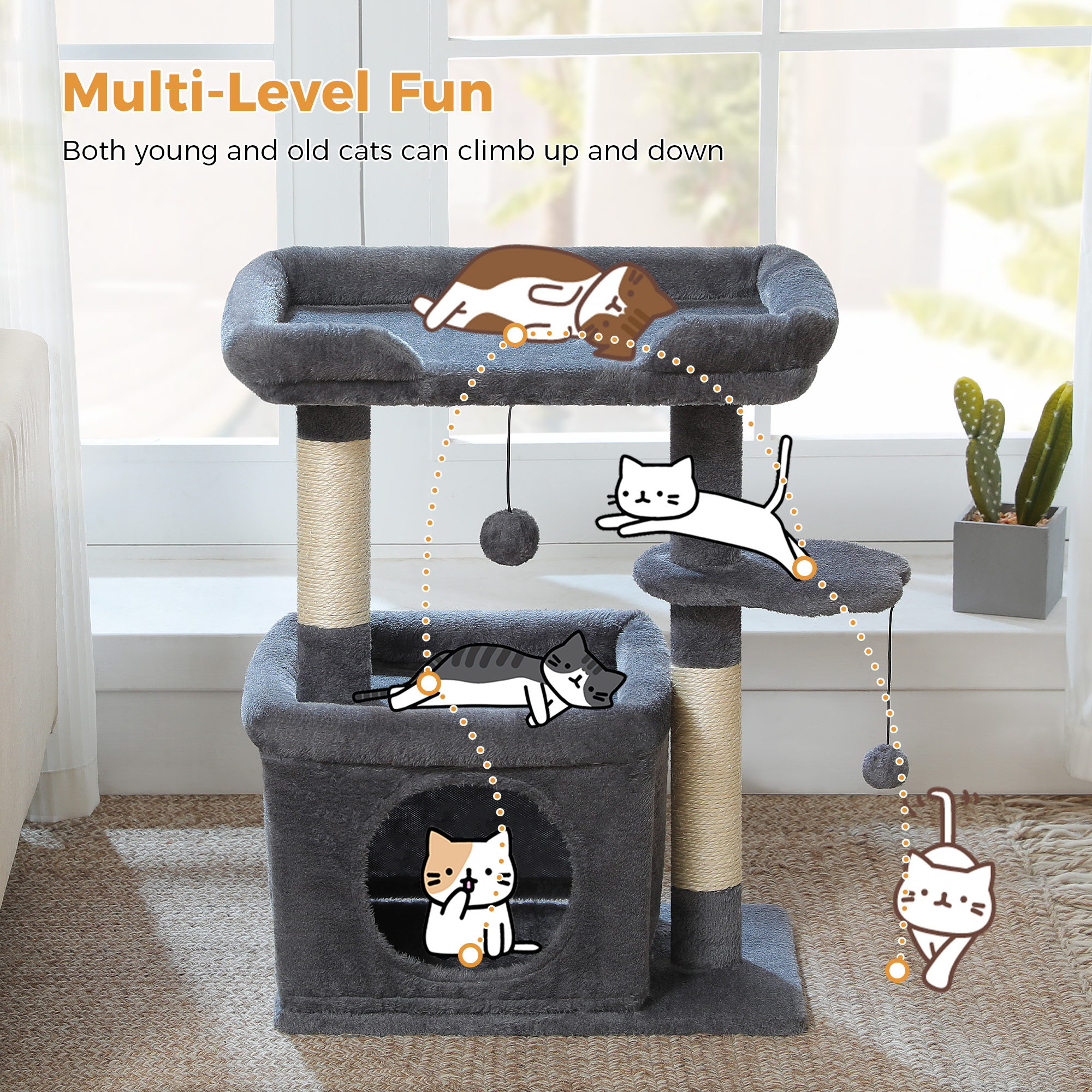 PAWZ Road 27" Cat Tree Tower with Large Perch, Scratching Posts, Cat Condo for Medium Cats, Dark Gray