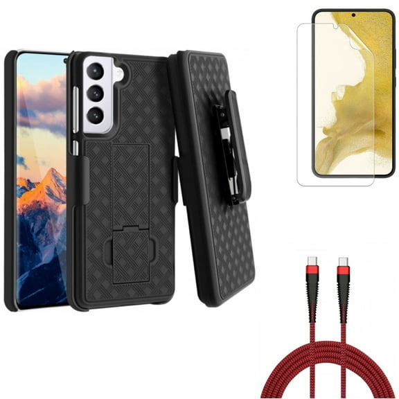 For Samsung Galaxy S21 (6.2") - Swivel Holster Case Belt Clip   Anti-Glare TPU Film Matte Screen Protector   Charger Cord Type-C to USB-C 10ft PD Cable