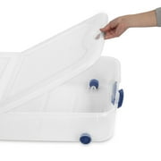 Sterilite Latching Wheeled Storage Bin, 66 Quart Clear Underbed Storage Container with Latch Lid, Blue, 4 Pack