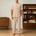 thumbnail image 4 of Men's Cotton Linen Kung Fu Uniform 2 Piece Set Loose Fit Breathable Lightweight Tai Chi Clothing for Training and Practice Short Sleeved Shirt Tops and Pants Size 5XL Khaki, 4 of 9