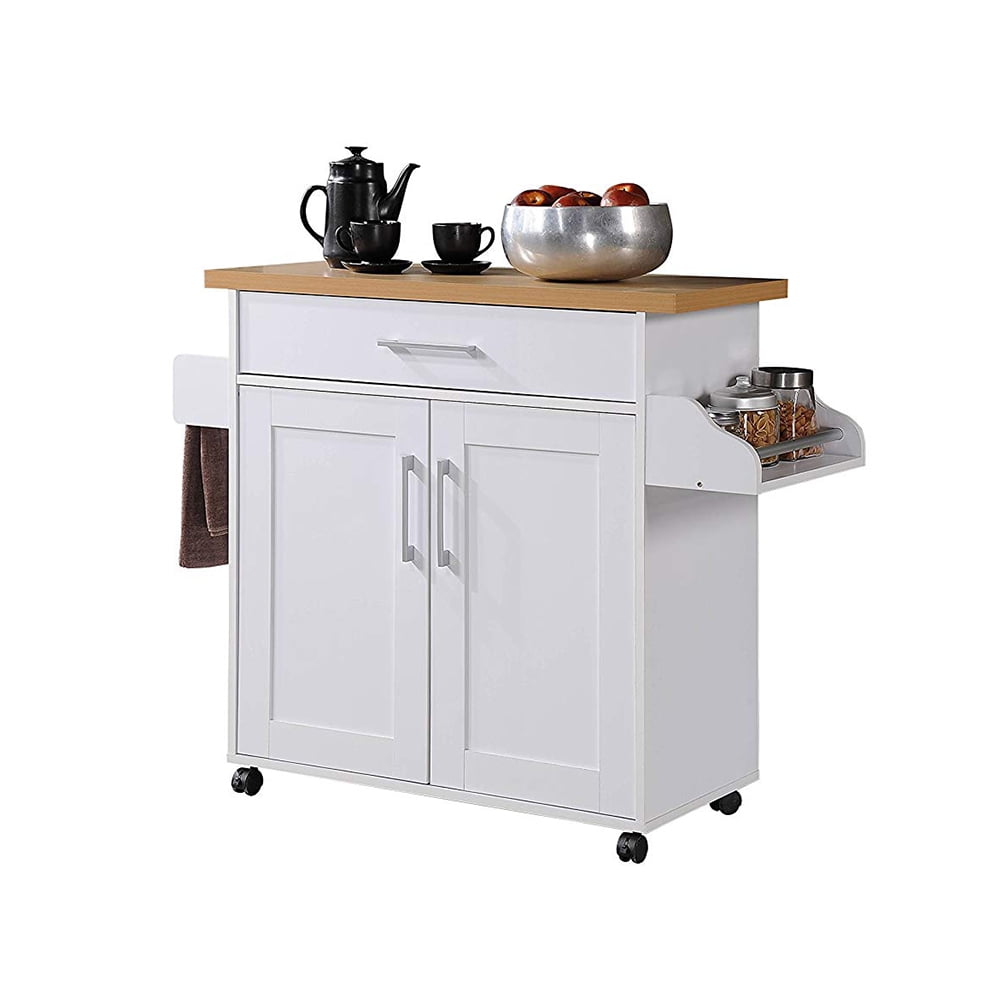 Hodedah HIK78 WHITE Kitchen Island With Spice Rack & Towel Rack White