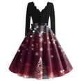 thumbnail image 3 of Women's Christmas Printed V-Neck Large Hem Audrey Dress Long Sleeve Dress with Christmas Tree Pattern, Flare Skirt, Retro Style for Party, Casual, Holiday Events,Purple Pink,M, 3 of 3