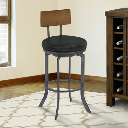 Ojai 30" Bar Height Metal Swivel Barstool in Vintage Black Faux Leather with Mineral Finish and Walnut Wood Back