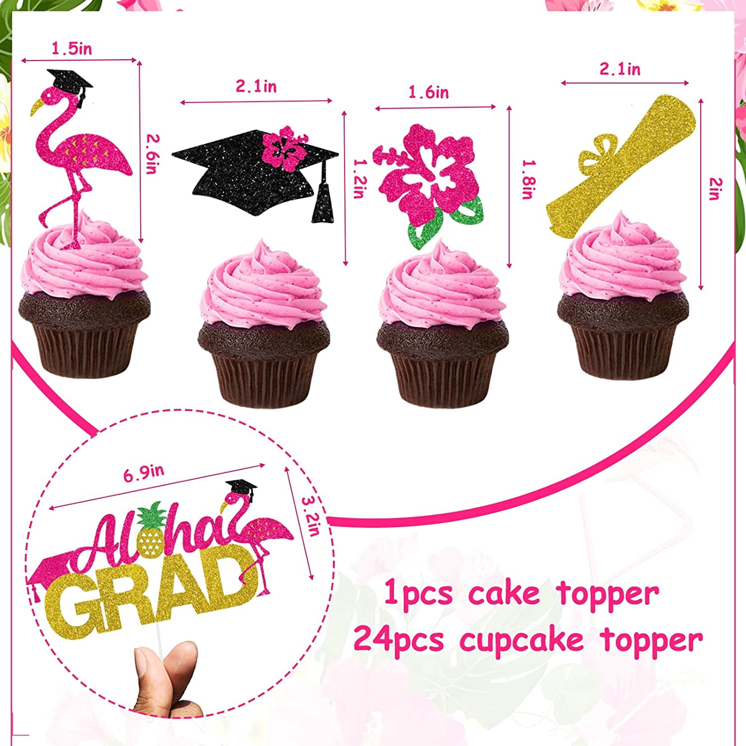 25Pcs Glitter Graduation Cake&Cupcake Toppers, Aloha Grad Cake Decoration Diploma Graduation Cap Design Tropical Themed Graduation Party Supplies College High School Class of 2023