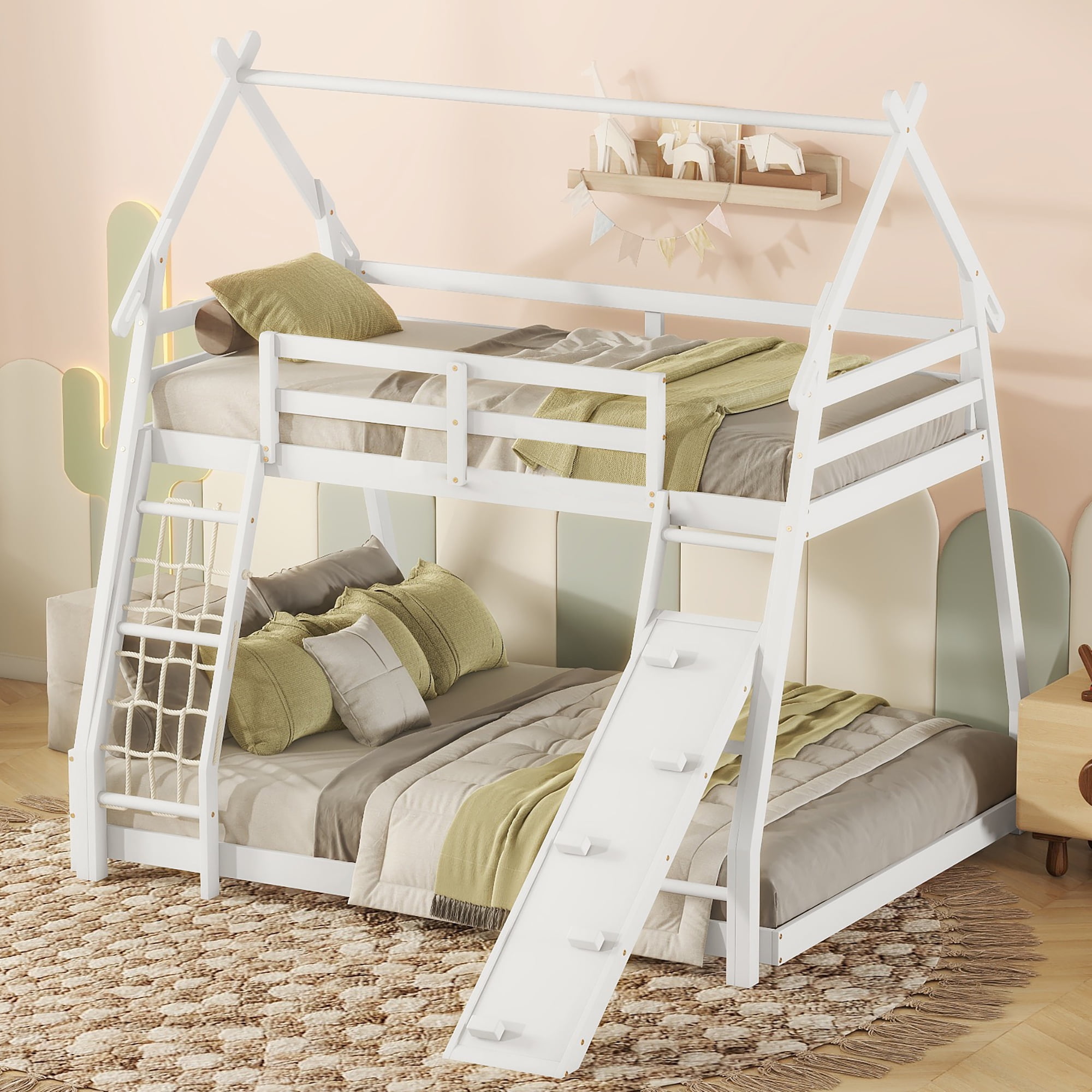 Euroco Twin over Queen Bunk Bed with Climbing Nets and Ramp for Kids Teens Bedroom, White