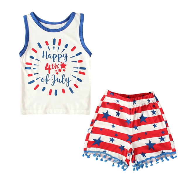 Ropa De Bebé (Niño O Niña) Traje De Niño Pequeño Día De La Independencia Moda Raya Estampado De Estrellas Pantalones Cortos De Manga Corta Pantalones Traje Blanco Odeerbi LM103-8525