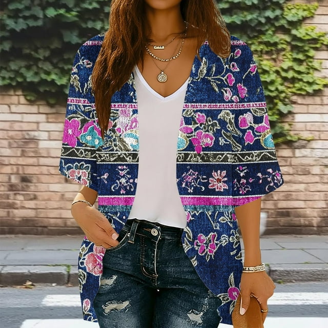 Xuyuer Spring Beach Cover-Up Cardigan - Women's 3/4 Sleeve Casual Shirt for Summer Seaside Outings, Resort Vacations, Breezy Seasonal Layering Top & Coastal Stroll Essentials