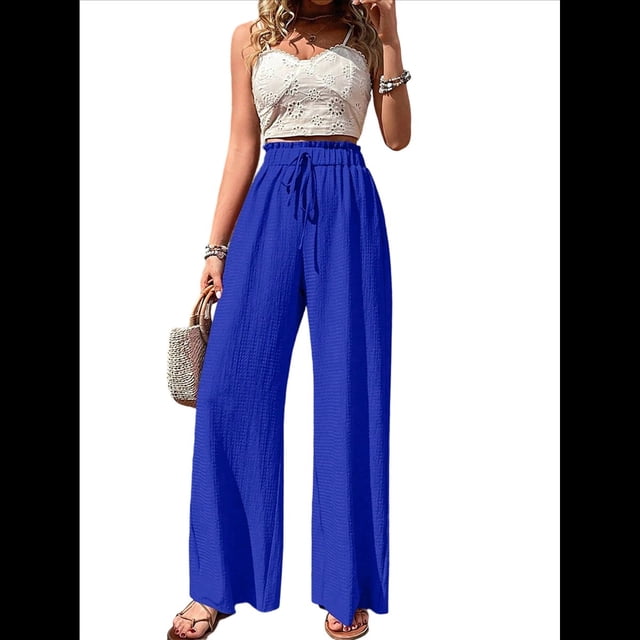 Pantalones de Salón de Pierna para Mujer, Cintura Alta, Ajustables, con Nudo de Lazo, Holgados. Azul M