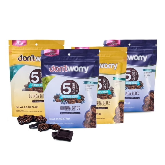 Don't Worry Chocolate and Blue Berry Quinoa Bites 4 Pack- Low Calorie Keto Snacks, Only 4 Calories Healthy Chocolate Granola Bars, Low Carb Quinoa Cookie, Gluten Free High Protein & Fiber Cookies