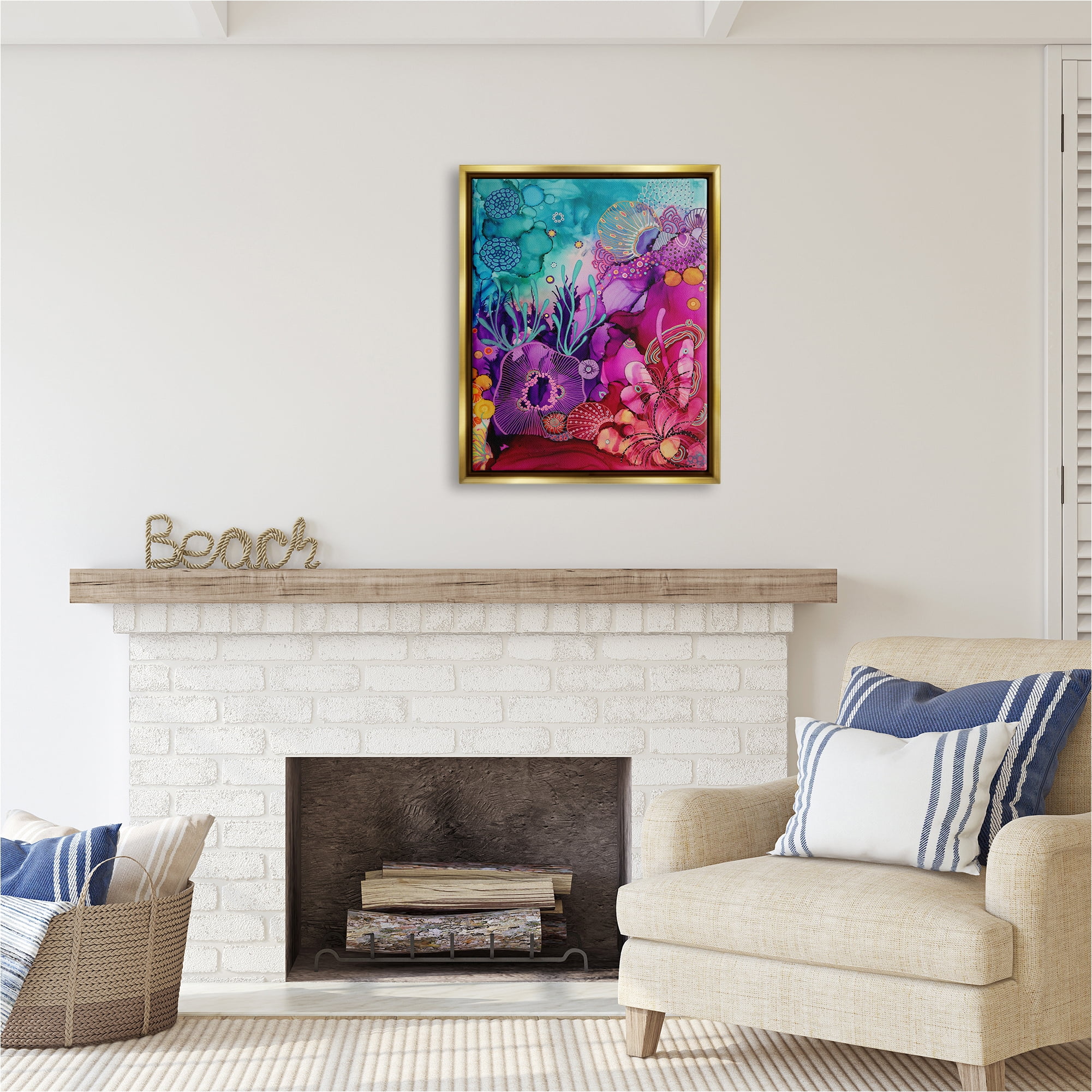Stupell Industries Abstract Coral Pattern Abstract Painting Gold Floater Framed Canvas Art Print Wall Art, 25 x 31