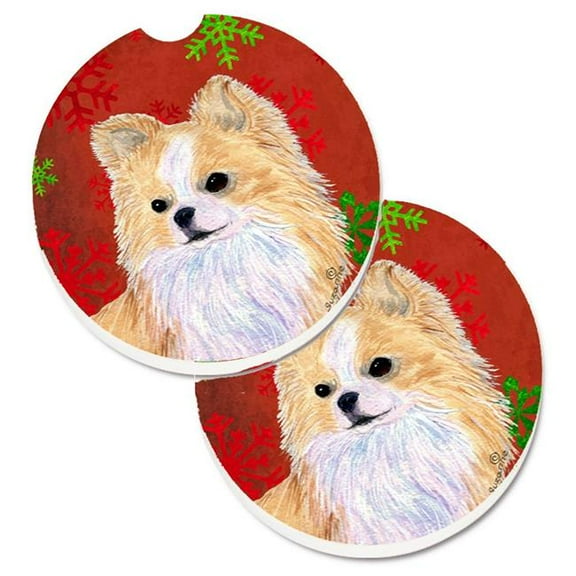 Chihuahua Red & Green Snowflakes Holiday Christmas Set of 2 Cup Holder Car Coaster